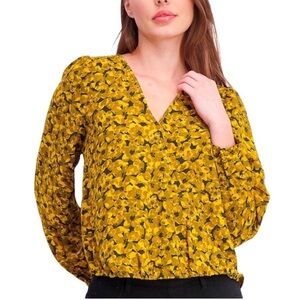 NWT A New Day Faux Wrap Surplice Floral Blouse XL Long Sleeve Gold Black